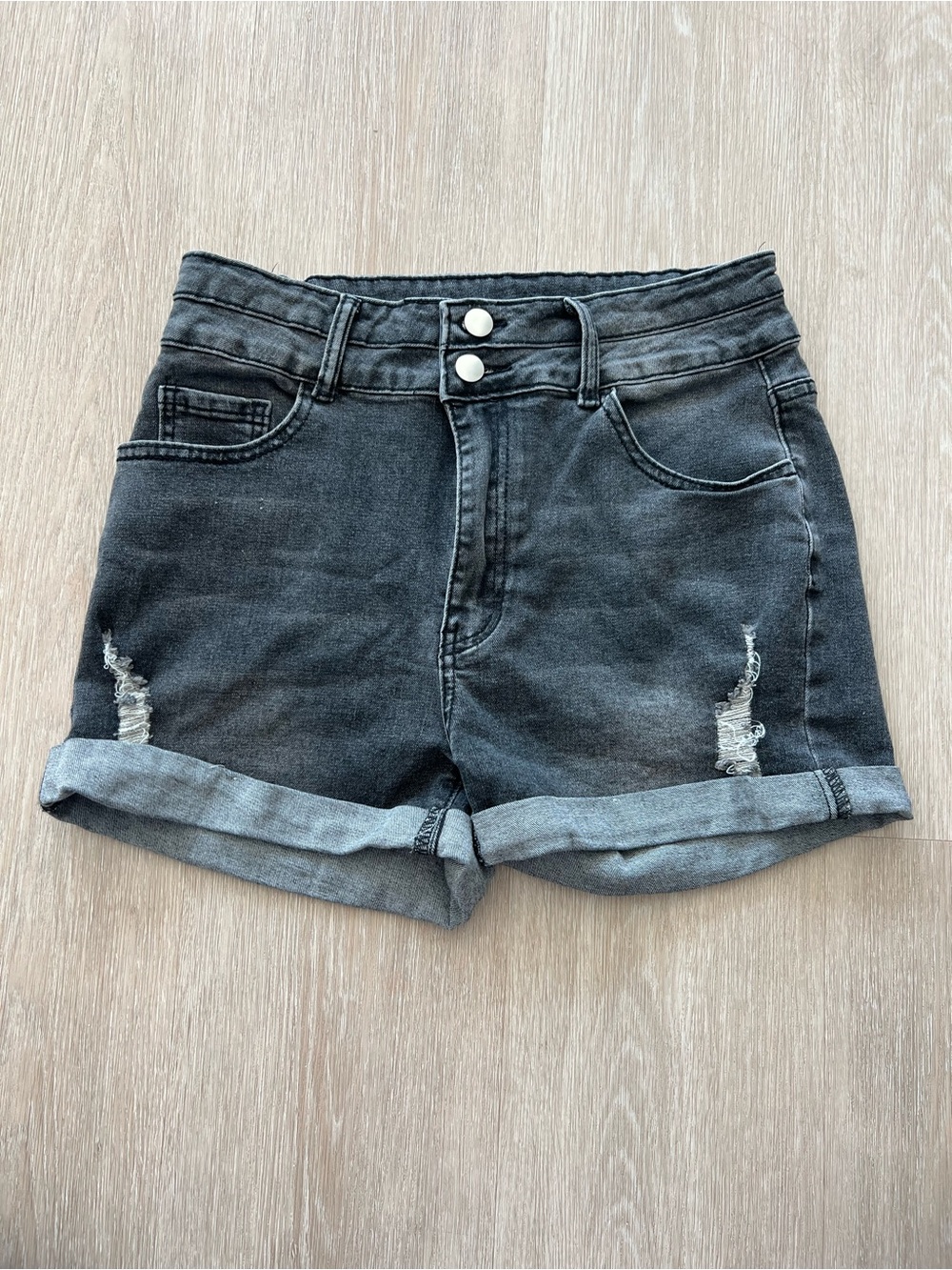 High-Rise Washed Black Denim Distressed Y2K Inspired Roll-Cuff Shorts Women’s